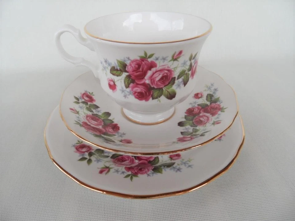 Vintage Queen Anne Bone China Pink Roses Floral & Gold Tea Trio Cup saucer plate - image 2 of 4