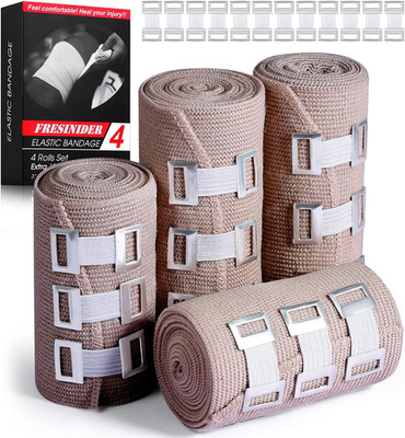 4 Pack Elastic Bandage Wraps w/ 24 Clips Wide Compression Set for Medical/Sports