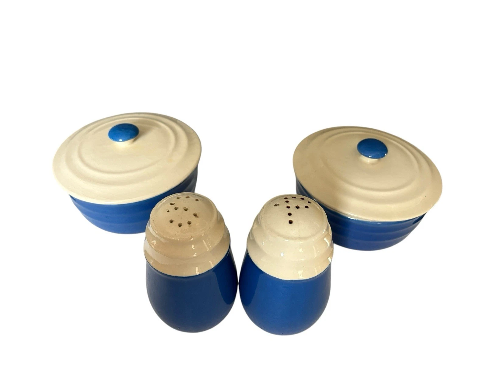 5 VTG OXFORD STONEWARE COLBALT BLUE SALT & PEPPER SMALL COVERED MIXING BOWLS