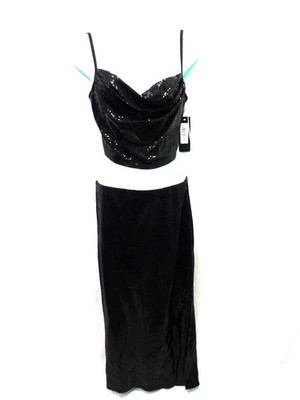 Bebe S NWT Black Sequined Crop Cami Top Skirt 2 Piece Dress Set Sleeveless Midi