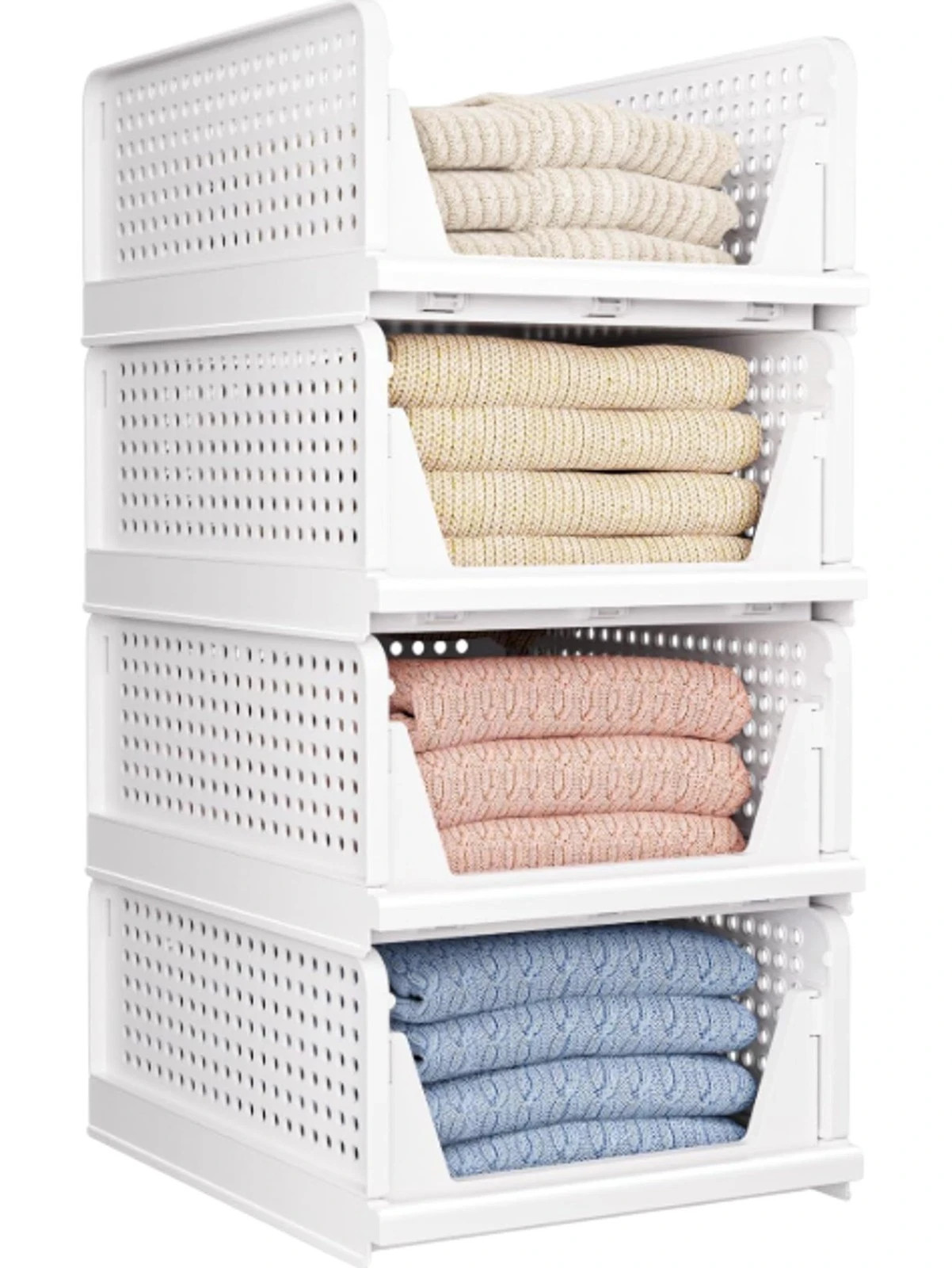 Stackable White Plastic Storage Baskets for Clothes and Household items 4 Pack