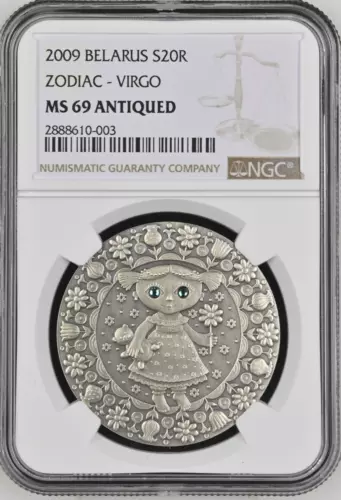 20 RUBLES 2009 BELARUS SIGNS OF THE ZODIAC VIRGO SILVER NGC MS69
