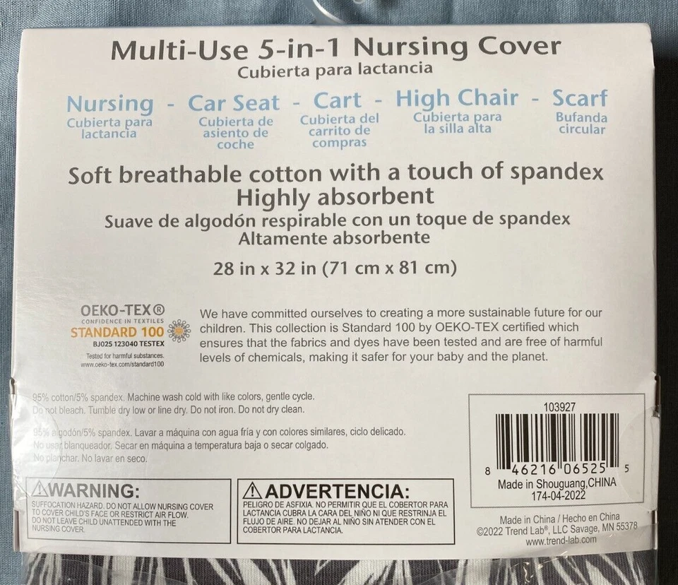 Trend Lab Multiuso 5 en 1 Bufanda Lactancia Cubierta Bebé 28x32" Gris/Blanco Lote 2 NUEVO Foto 2 de 3