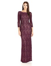 ADRIANNA PAPELL Mulberry Purple Wine Scalloped Lace Hi-Slit Maxi Gown Dress 6P
