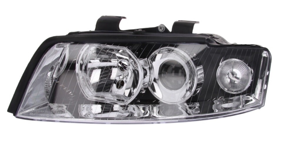 Phare gauche réglage électrique Audi A4 B6 optique double H7 chrome noir