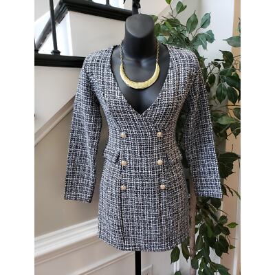 SHEIN Shift Dress Womens S Black & White Tweed Double Button V Neck Back Zip