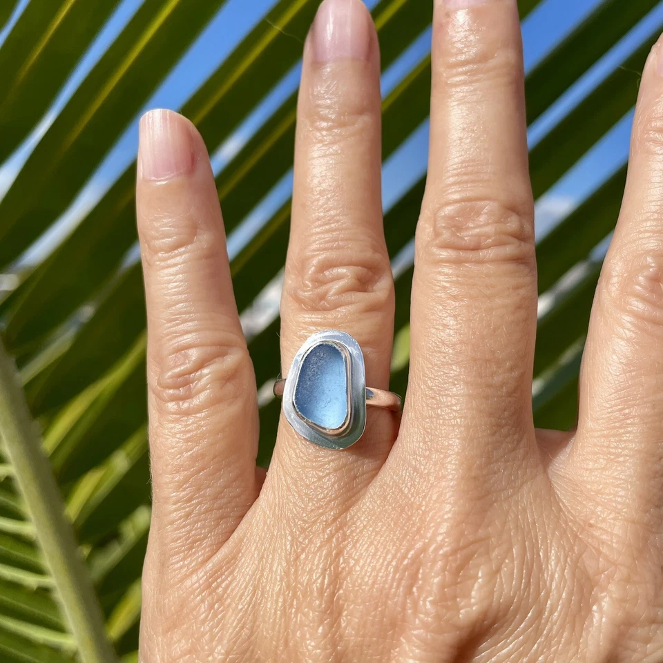 Anillo de plata esterlina de vidrio marino caribeño genuino azul raro talla 7 Foto 2 de 4
