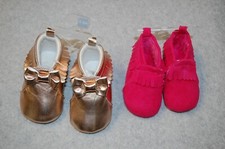 Baby Girls 2 LOT CRIB SHOES High Top MOCCASINS BOOTIES Rose Gold, Dk Pink 0-3 MO