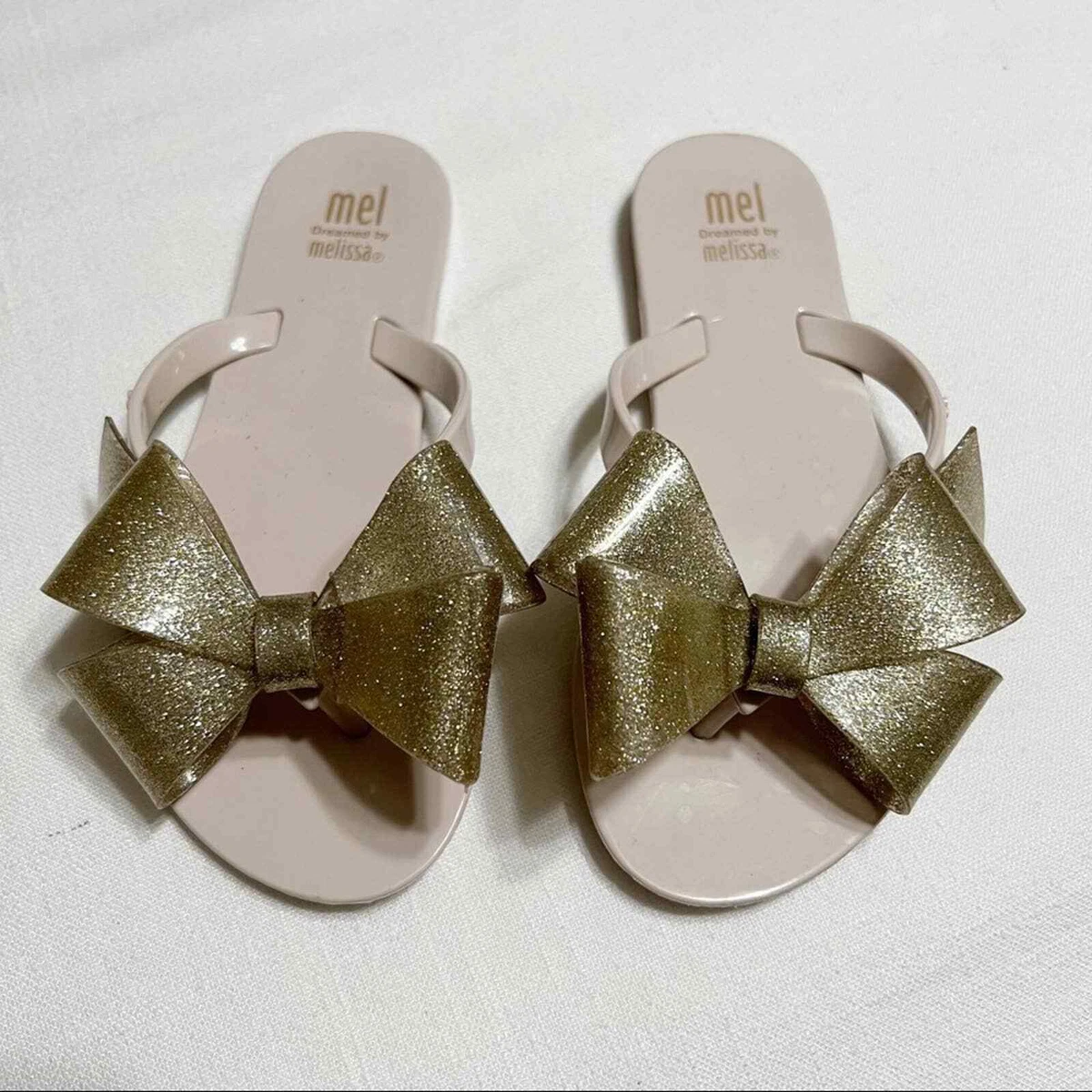 Mel Dreamed by Melissa Bow Gold Sparkle Sandals Flip Flops Girls