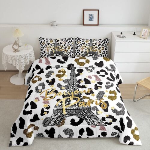 Feelyou Eiffel Tower Comforter Set Leopard Print Bedding Set for Kids Boys Gi...
