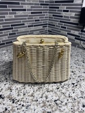CROWN LEWIS-Rare Vntage White Wicker Purse Clutch Handbag Chain Straps