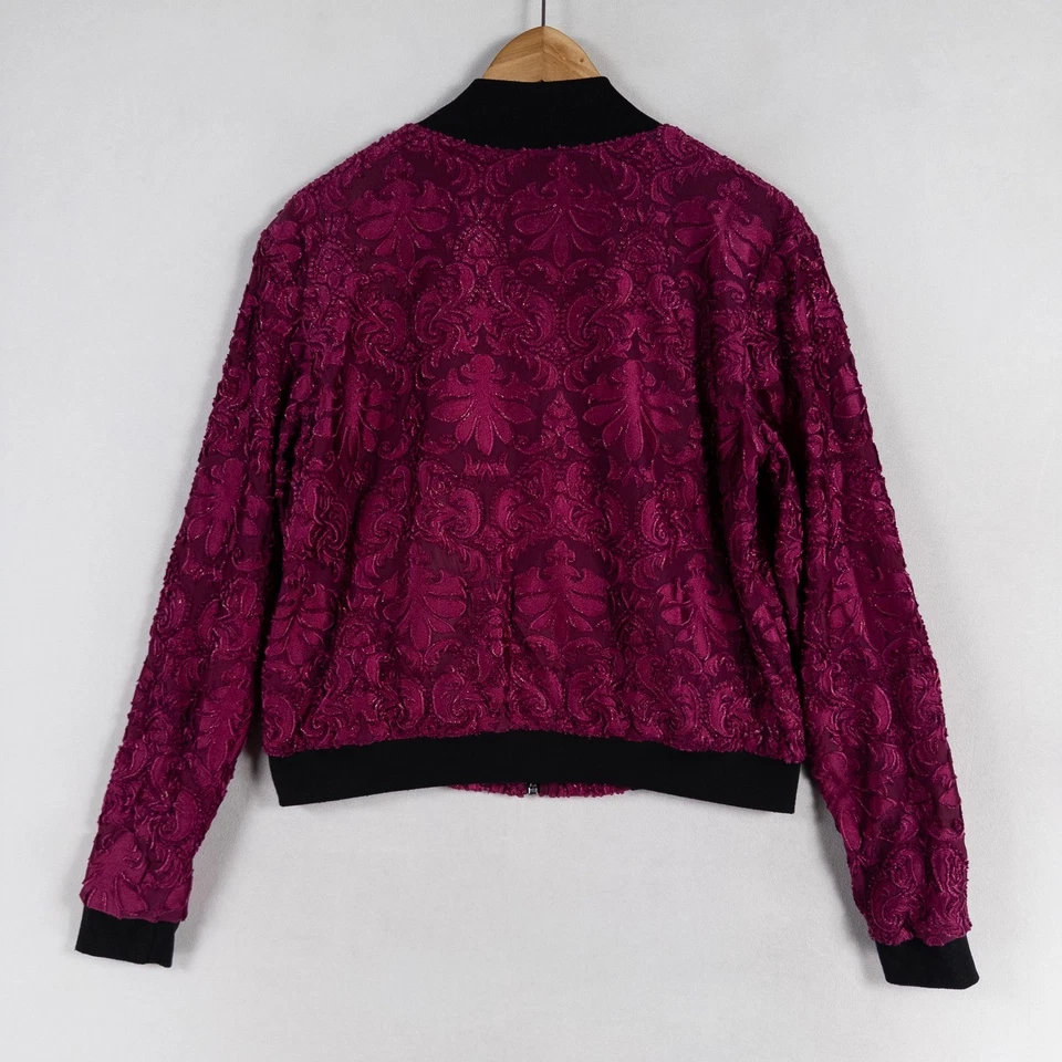 Lularoe Elegant Stevie Bomber Jacket Sz Small Pink Purple Damask Velvet Zip Up - Image 3 of 4