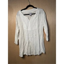 Match Point USA Linen Tunic Top Womens Size L Long Sleeve White Casual