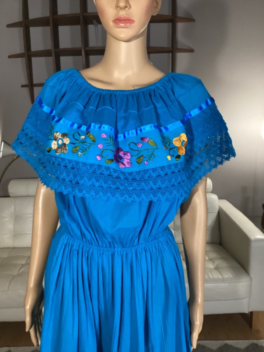 Vintage Mexican Embroidered Dress Blue Off Shoulder Peasant Floral | eBay