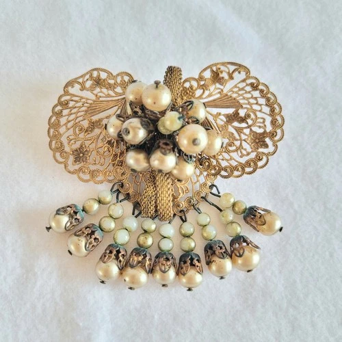 Early Miriam Haskell Bow Brooch Gold Tone Mesh Faux Pearl for Repair, Parts READ