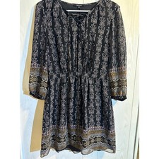 Madwell Lace Up Boho Medallion Mini Dress Womens 6 Black Long Sleeve Holiday 16