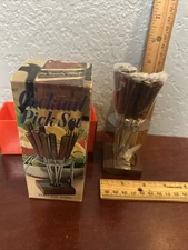 Cocktail Pick Set 10 Piece Stainless Steel Wooden Handles In Wrapper Not Used