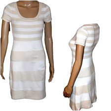PINK ROSE Brown & White XS Striped Short Sleeve Stretchy Dress Above Knee EUC