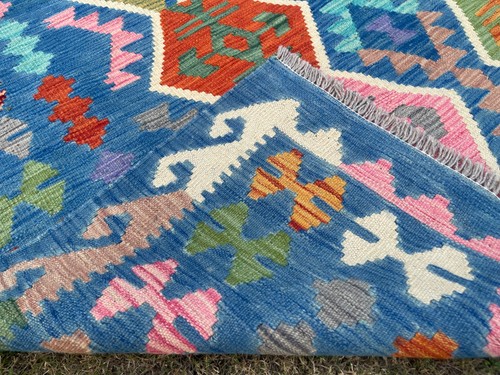 6x8 Blau Bunt Türkisch Geometrisch Wolle Kelim Traditionell Modern Turkmenisch Teppich - Bild 10 von 10