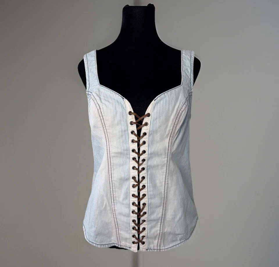 GUESS Sexy Corset Tank Top Sz L Railroad Stripe Denim Side Zip Concert Party - Image 2 of 4