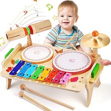 Sweet Time Kids Drum Set 7 in 1 Wooden Xylophone Percussion Toddler Music Toy