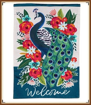 EVERGREEN GARDEN FLAG * FLORAL PEACOCK * EMBELISHED BURLAP COLLECTION -  NEW