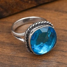 Blue Topaz Gemstone Handmade 925 Sterling Silver Jewelry Ring Gift For Women