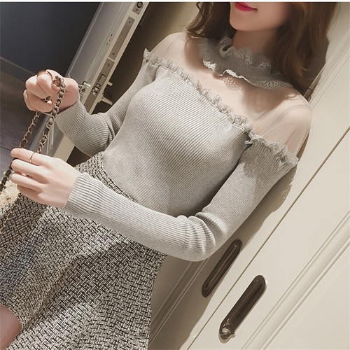 Women Lace Sexy Knit Blouse Off Shoulder Shirt Long Sleeve Slim Fit Stretch Tops - Bild 13 von 29