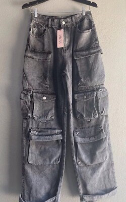 MICAS Utility Cargo Jeans Woman s Size XL Gray Black Oversized