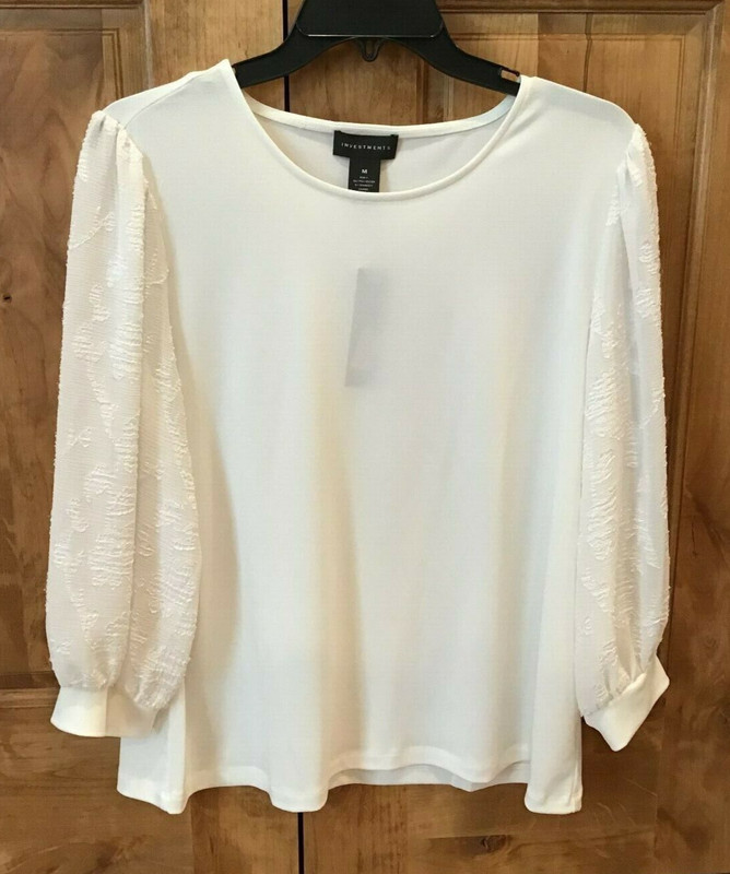 NWT INVESTMENTS Top, Women’s Size Medium, Color: White, Lacy Sleeves