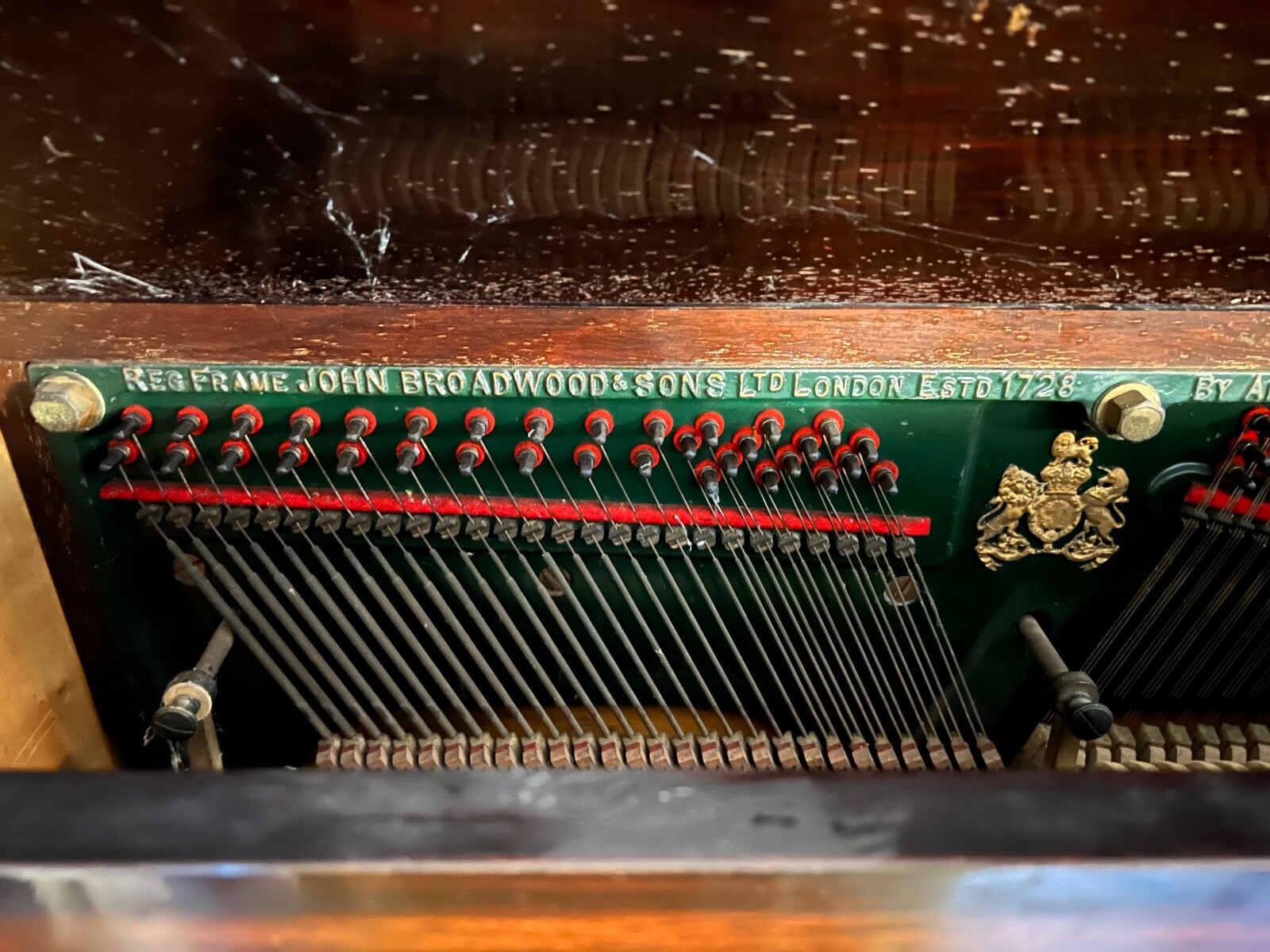 John Broadwood and Sons rare green steel frame upright piano (c 1912