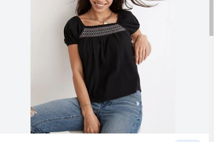Madewell Black Cotton Embroidered Square Neck Top Blouse Medium
