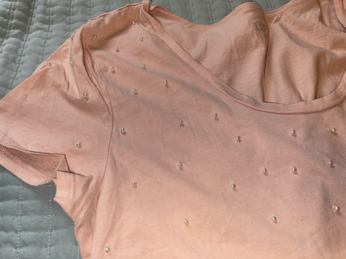 LOFT OUTLET   M   SS    WOMEN'S  PEACH   BLOUSE  with PEARLS   PRE-OWNED - Picture 3 of 9