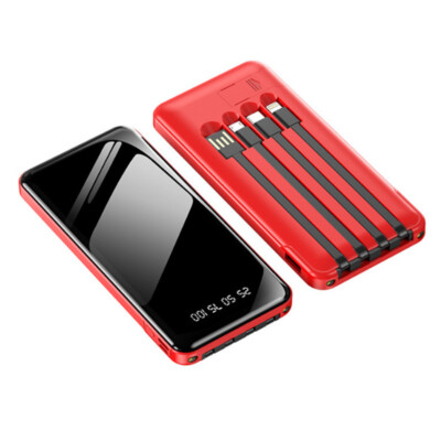 Portable Power Bank 20000mAh Fast Charging Battery with 4 Built in Cables Red