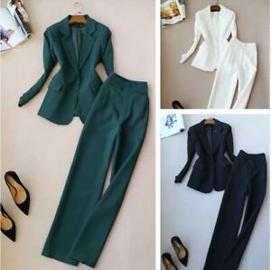 Spring Women Office Lady Formal Blazer Jacket High Waist Long Trousers 2Pcs Suit 
