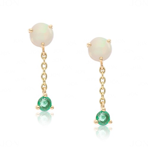 14k Gold Natural White Opal And Emerald Gemstone Chain Drop Earrings-Jewelzofny - Picture 5 of 8