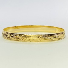 14K Yellow Gold Hawaiian Heirloom Floral Scroll 8mm 7.9" Bangle Bracelet 28.3g