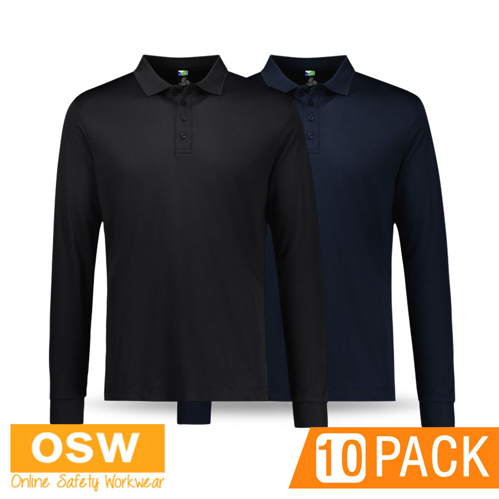 10 x Mens Action Long Sleeve Breathable Certified Polyester Polo Shirt P206ML