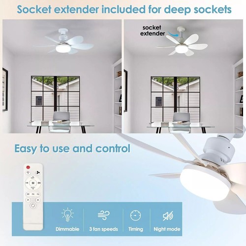 Socket Fan Light Ceiling Fans With Lights And Remote Dimmable LED Ceiling Fan US - Picture 5 of 10
