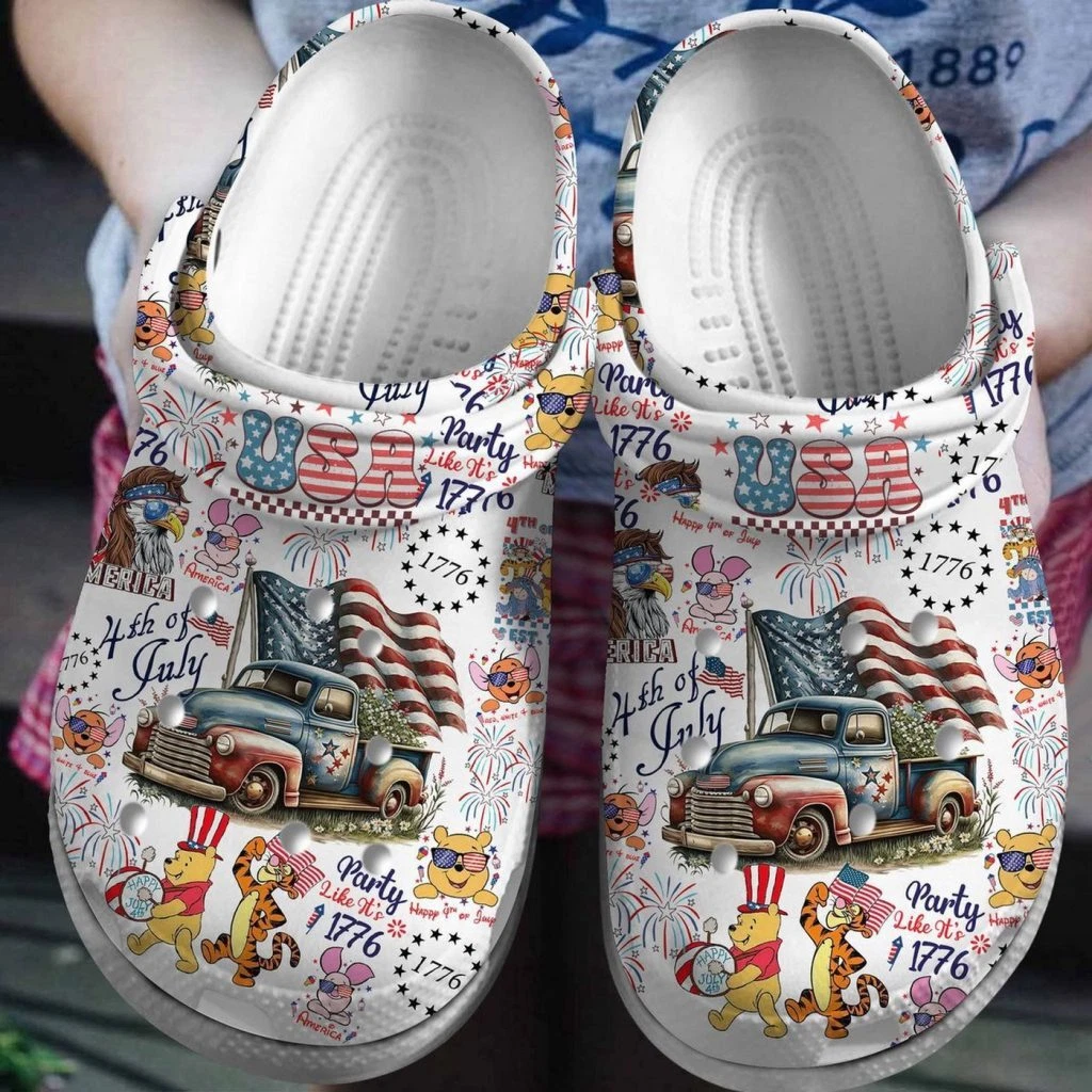 Winnie The Pooh And Frieds On USA Independence Day White Clogs For Kids And Adut