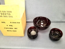 Antique Anchor Hocking Royal Ruby Red Glass Popcorn Set, Christmas Movie Time