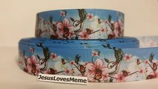 Grosgrain Ribbon, Gorgeous Pink Flowers with Butterflies on Blue Sky, 1"