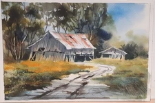 TINA BOHLMAN "BARELY STANDING" ORIGINAL WATERCOLOR LANDSCAPE PAINTING UNFRAMED