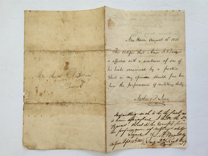 1838 antique MILITARY MEDICAL EXEMPT LETTER new haven ct AMOS BARNES nathan ives
