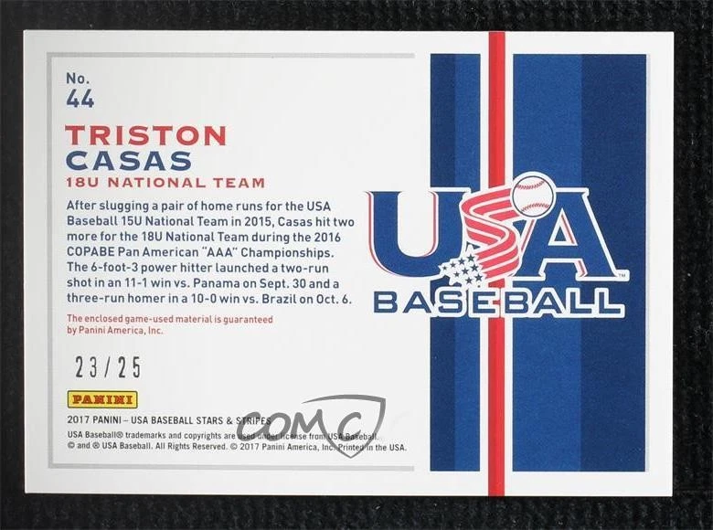 2017 USA Baseball Stars & Stripes Tools of the Trade Prime /25 Triston Casas #44 - Image 2 of 2