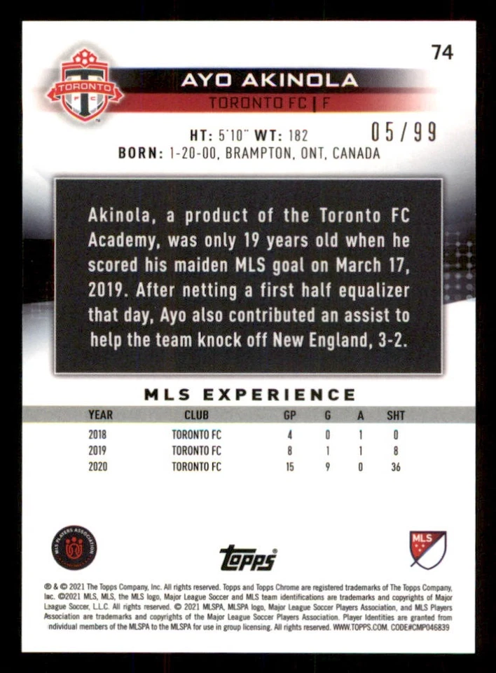 2021 Topps Chrome MLS Neon Green Refractors #74 Ayo Akinola /99 - Image 2 of 2