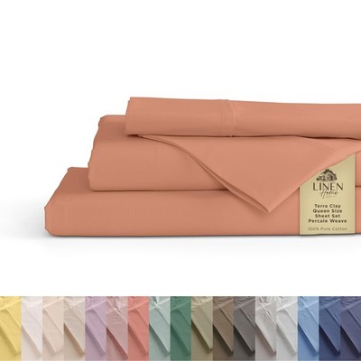 Linen Home 100% Cotton Percale Sheets Queen Size, Tera Clay, Deep Pocket, 4 Piec