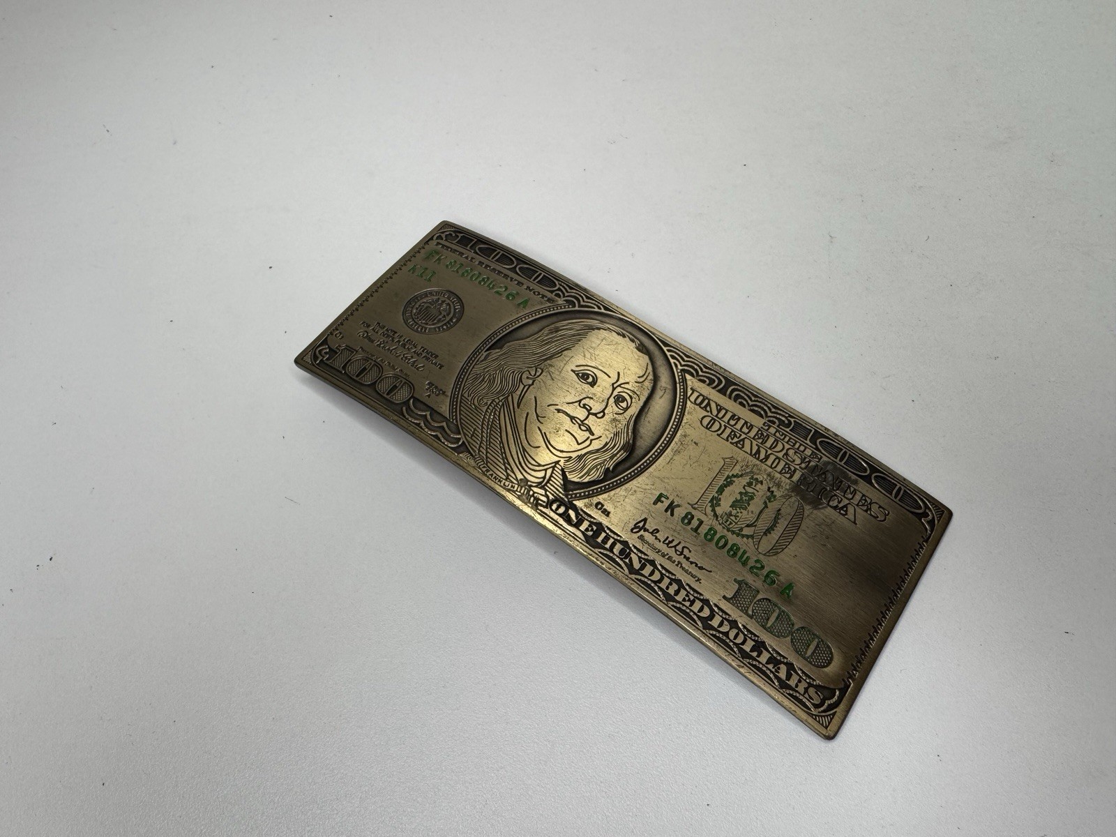Vintage Style $100 Dollar Bill Belt Buckle Brass Tone USA Money Design