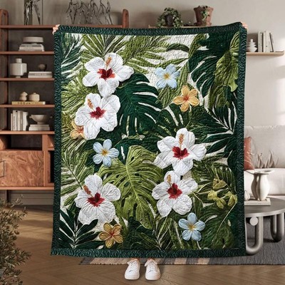 Hibiscus Flower Quilt Blanket Tropical Leaves Throw Botanical Summer Decor Gift