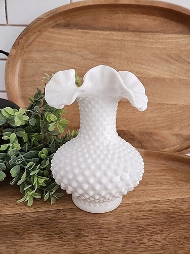 Vintage Fenton Milk Glass Hobnail 7" Flower Vase Ruffle Crimped Rim
